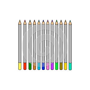 Colored pencils for children and students, hobbies. Twelve colors of children`s multi-colored pencils. Isolated icon on