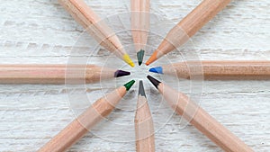 Colored pencils in a circle on white wooden background