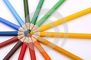 Colored pencils in cirle. Close up. photo