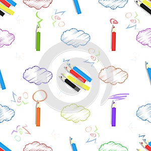 Colored pencils and clouds. seamless pattern