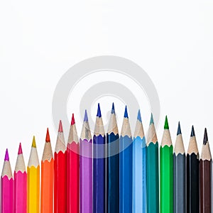 Colored pencils compete with each other in flat style on white