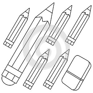 Colored pencils and eraser. Vector black and white coloring page. photo