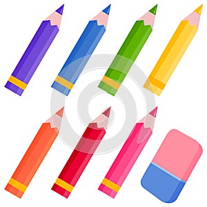 Colored pencils and eraser. Vector illustration
