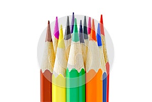 Colored pencils with facets gathered in bundle, sharpened edge isolated on white background with clipping path