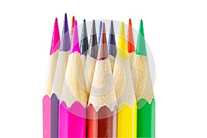 Colored pencils with facets gathered in bundle, sharpened isolated on white background with clipping path