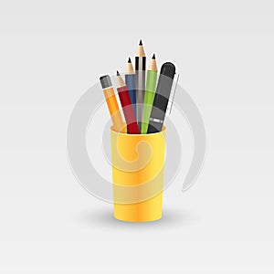 Colored pencils in a glass for office. Vector illustration isolated on white background.