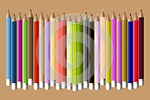 Colored pencils isolated on brown background. vector illustration