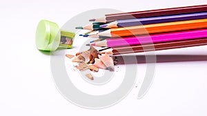 Colored pencils and metal sharpener, colored pencil filings isolated on a white background, close-up, space for text