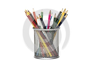 Colored pencils in a metal stand on a white background