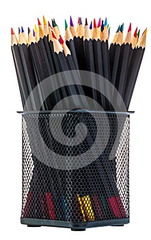 Colored pencils in office rack on white background isolate