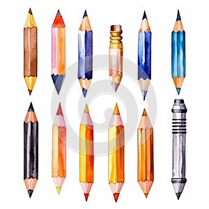 Colored pencils pattern. Stylized set of multi-colored pencils watercolor illustration isolated on white background.
