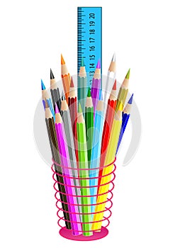 Colored pencils in a pencil case, isolated on white. Vector
