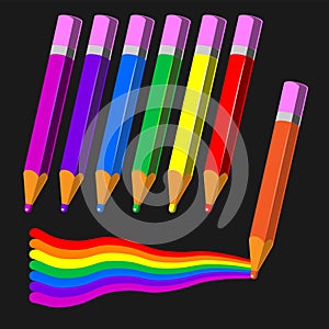 Colored pencils rainbow on a black isolated background. Vector image