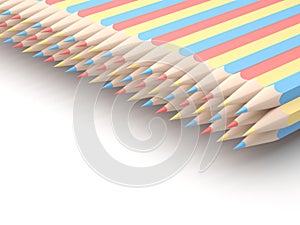 Colored pencils of red blue and yellow arranged in pattern on white background. 3D illustration.