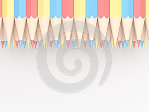 Colored pencils of red blue and yellow arranged in pattern on white background. 3D illustration.