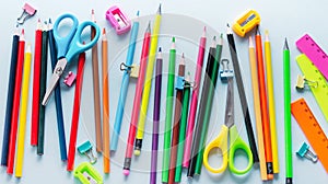 Colored pencils, scissors, notebook, ruler, pen, eraser, sharpener and more in glass. School and office stationery on light blue