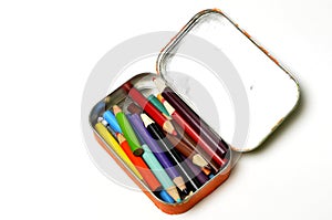 Colored Pencils in Small Tin for Carrying and Creation of Art Work