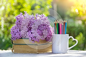 Colored pencils and stack of books. Back to school. Pencils, books and flowers