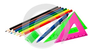 Colored pencils, triangle, pen and pencil sharpener