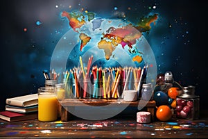 Colored pencils with world map on wooden table and colorful background