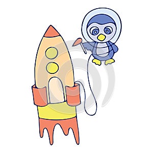 Colored penguin with a rocket doodle sketch illustration.