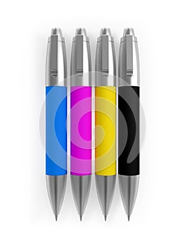 Colored Pens CMYK Cyan Magenta Yellow Black on white