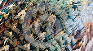 Colored pheasant feathers with a visible texture. background