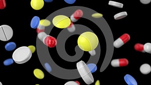 Colored pills of different shapes fall down. Falling drugs on a transparent background. Pharmaceutical business concept.