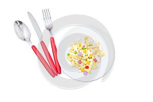 Colored pills on a white plate