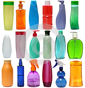 Colored plastic bottles with liquid soap and