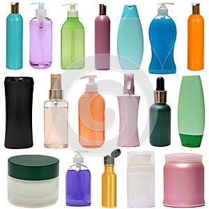 Colored plastic bottles with liquid soap and photo