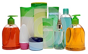 Colored plastic bottles with liquid soap and photo