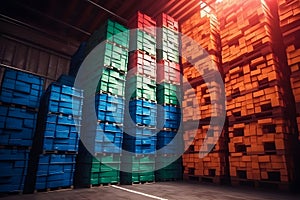 Colored plastic boxes Stacked on Pallets in Storage Warehouse. Supply Chain. Storehouse Distribution. Cargo Shipping Supplies
