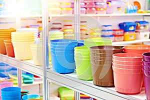 Plastic plant pots in store