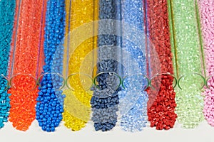 Colored plastic resins in test tubes in laboratory