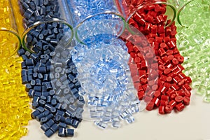 Colored plastic resins in test tubes in laboratory