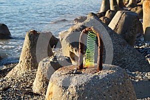 Colored plastic spring on a rusty loop of reinforced concrete shore reinforcement.