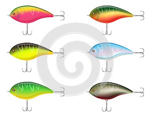 Colored plastic wobbler with a triple hook for catching fish vector illustration