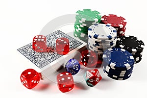 Colored poker chips, card deck and dices isolated