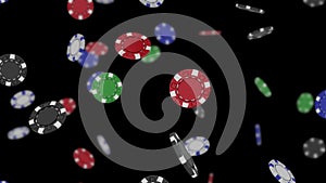 Colored poker chips slowly falling down on a green background. casino, online casino, poker, roulette.