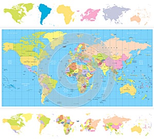 Colored political World Map with continnets