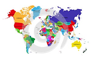 Colored political world map with names of sovereign countries and larger dependent territories. Different colors for each countrie