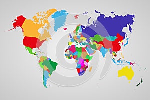 Colored political world map with sovereign countries and larger dependent territories. Different colors for each countries