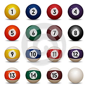 colored pool balls. Numbers 1 to 15 and zero ball.