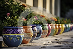 Colored pots with flowers and plants