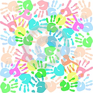 Colored prints of children`s hands on a white background. vector.
