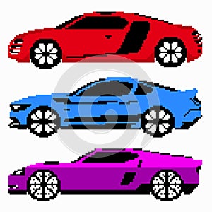 Colored race cars collection vector pixel art