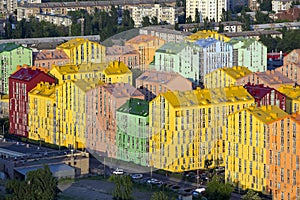 Colored rainbow houses in Kiev aerial view. Close-up