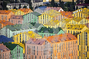 Colored rainbow houses in Kiev aerial view. Close-up