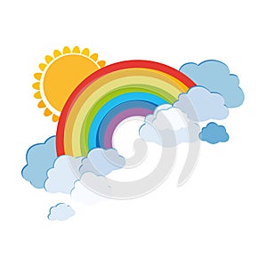 Colored rainbows with clouds and sun. Cartoon illustration isolated on white background. Vector